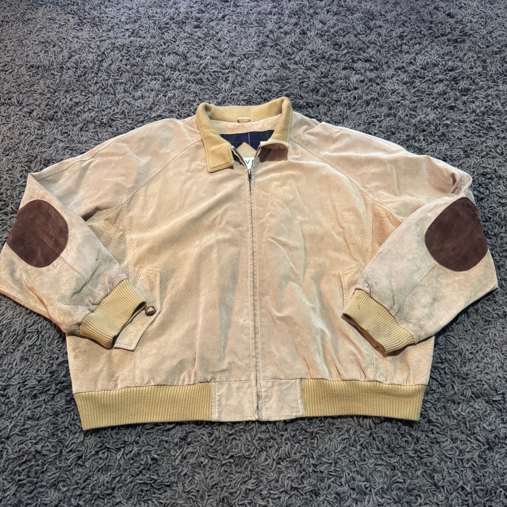 Vintage Orvis XL Mens Leather Jacket Bomber Plaid Lined Suede Elbow Patches XL